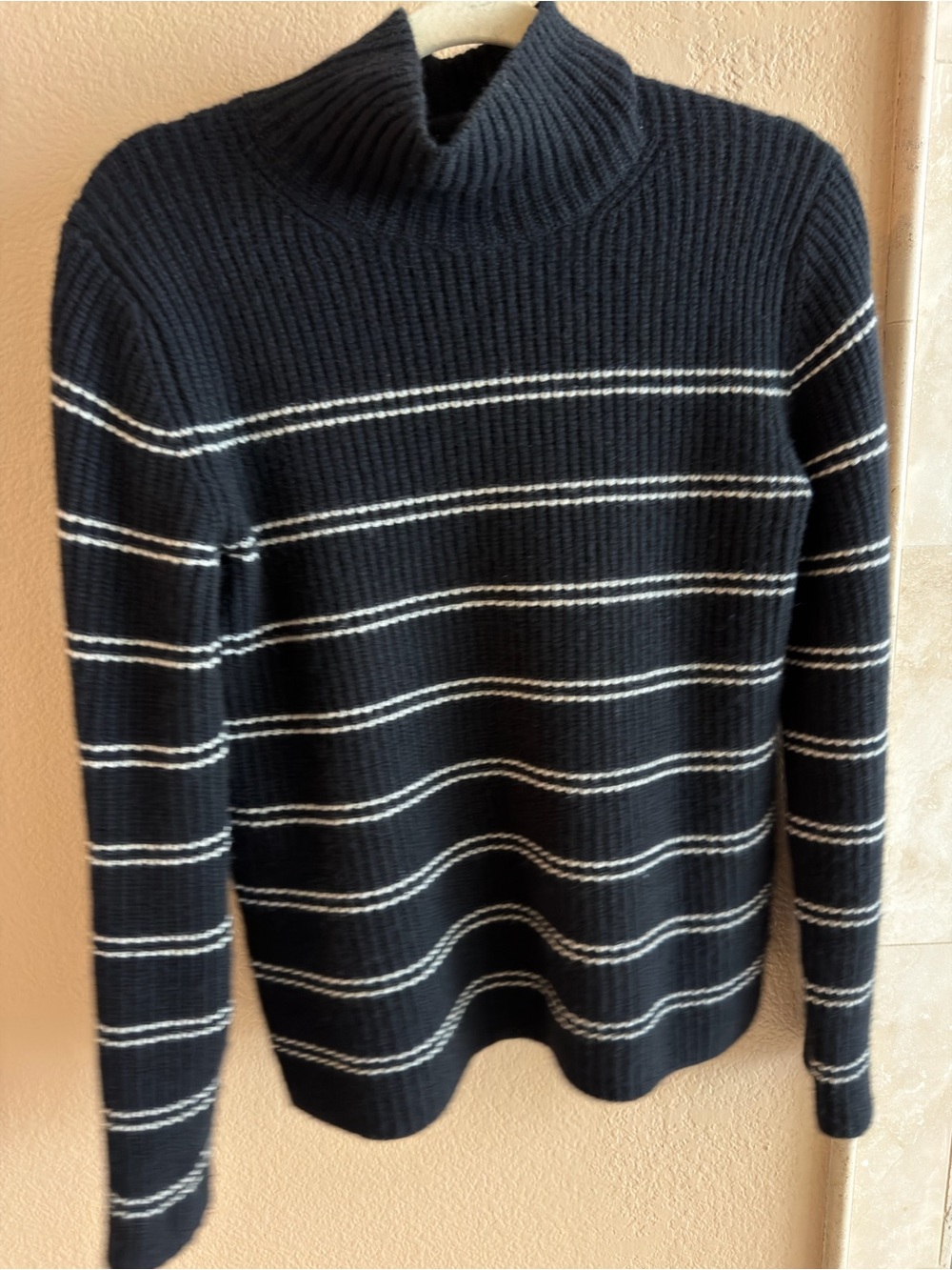 Vince 100% Cashmere Striped Turtleneck Sweater Black Ivory Size S